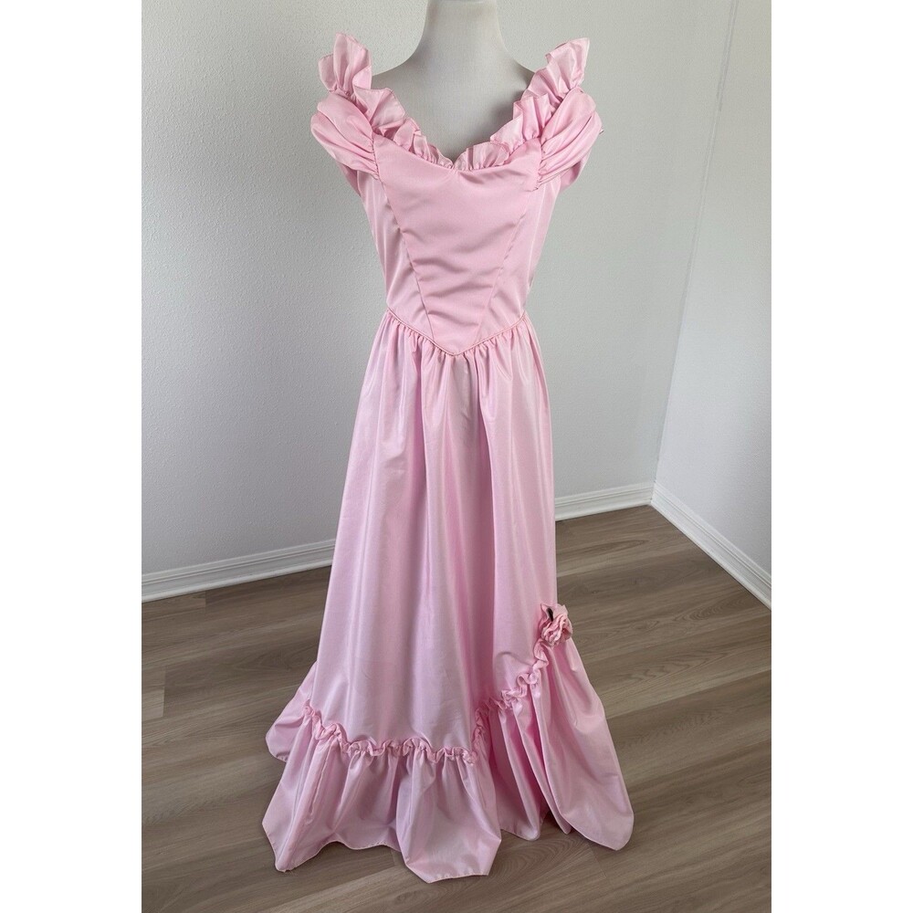 Vintage Pink 70s 80s Prom Party Dress Gown Princess Read! - Picture 5 of 16